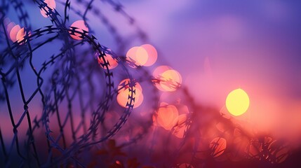 Barbed wire fence with purple light, bokeh effect, purple and red lights in the background.