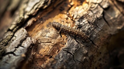 Small woodworm on the bark of a tree