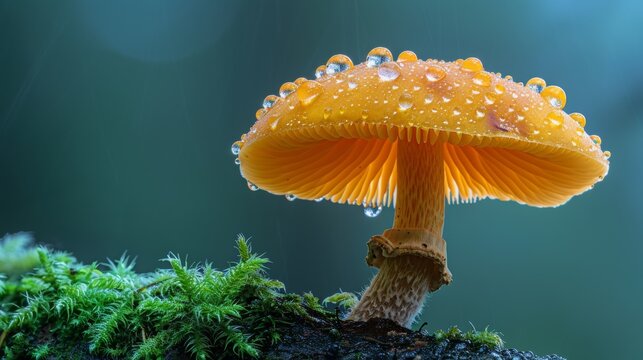 Vibrant orange mushroom with water droplets on moss covered log