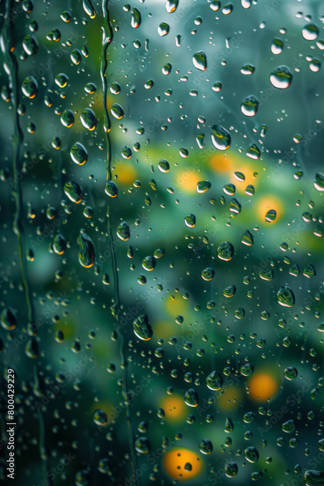 Poster a detailed image of raindrops on a window, magnifying the way light bends and colors reflect in each