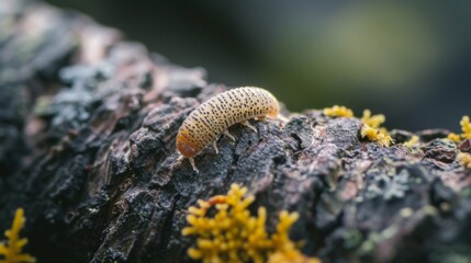 Tiny woodworm crossing the rough surface of a tree trunk