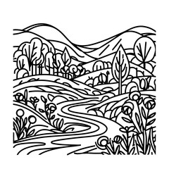 monochrome line art landscape illustration