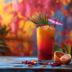 Vibrant tropical cocktail with a palm leaf