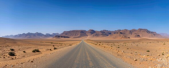 Fototapeta na wymiar Long road in the desert, mountains in the background
