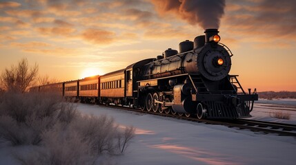 Antique steam locomotive on icy rails, soft winter sunset casting a golden glow, serene and timeless travel image