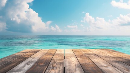 Fototapeta premium Wooden table against the backdrop of a picturesque seascape