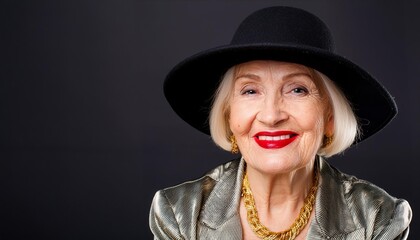 Old beautiful woman in her 70s with red lips and black hat. Elegant aging and self love concept