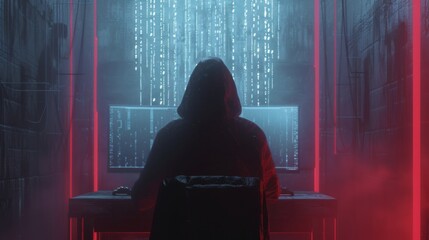 Hooded figure hunched over a computer, her face hidden in the shadows