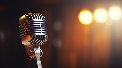 Classic microphone on a dark wooden surface with a blurred background, ideal for music production themes