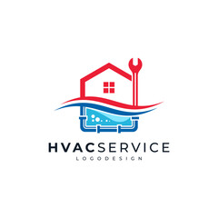 house with plumbing and wrench for plumbing and HVAC repair service logo