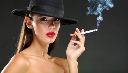 Obraz premium Woman with red lips and cigarette in black hat on black background