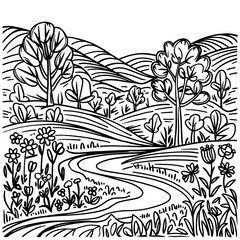 monochrome line art landscape illustration