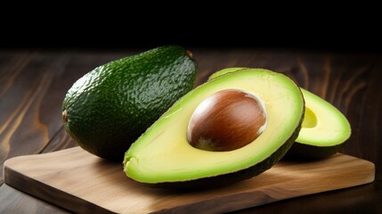 Closeup image of fresh avocados grouped on a rustic wooden table, ideal for healthy lifestyle themes