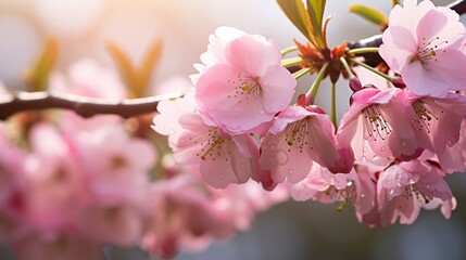Closeup of dewy Sakura blossoms against a tranquil spring backdrop, highlighting fresh bloom and gentle light