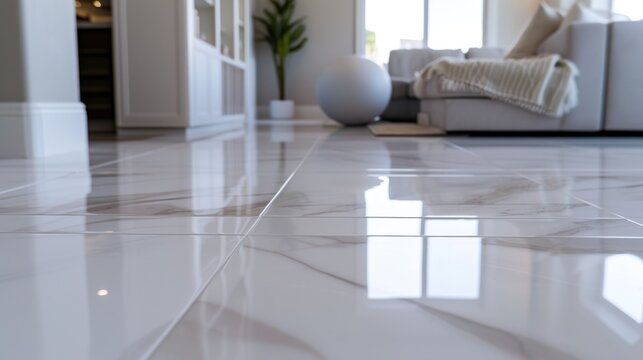 Floor tiles, grout lines and edges of each tile are carefully smoothed and aligned