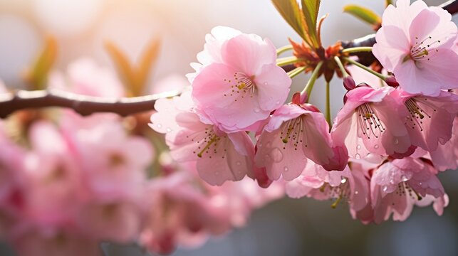 Closeup of dewy Sakura blossoms against a tranquil spring backdrop, highlighting fresh bloom and gentle light