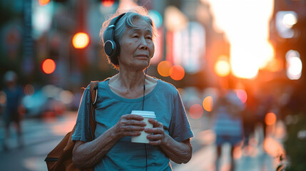 elderly chinese woman listening to music on headphones and holding a cup of coffee in her hands while walking along a city street, happy elderly woman with gray hair wearing headphones