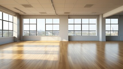 Obraz premium Empty room featuring rich brown stained wooden flooring, subtle natural light, and an expansive layout