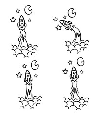 Set of rocket launch hand drawn with crescent moon and stars. Vector doodle illustration isolated on white.