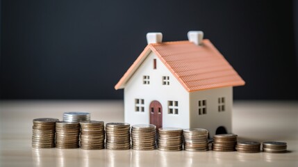Small house model atop a piggy bank surrounded by coins, depicting concepts of budgeting, home loans, and real estate savings, with copy space