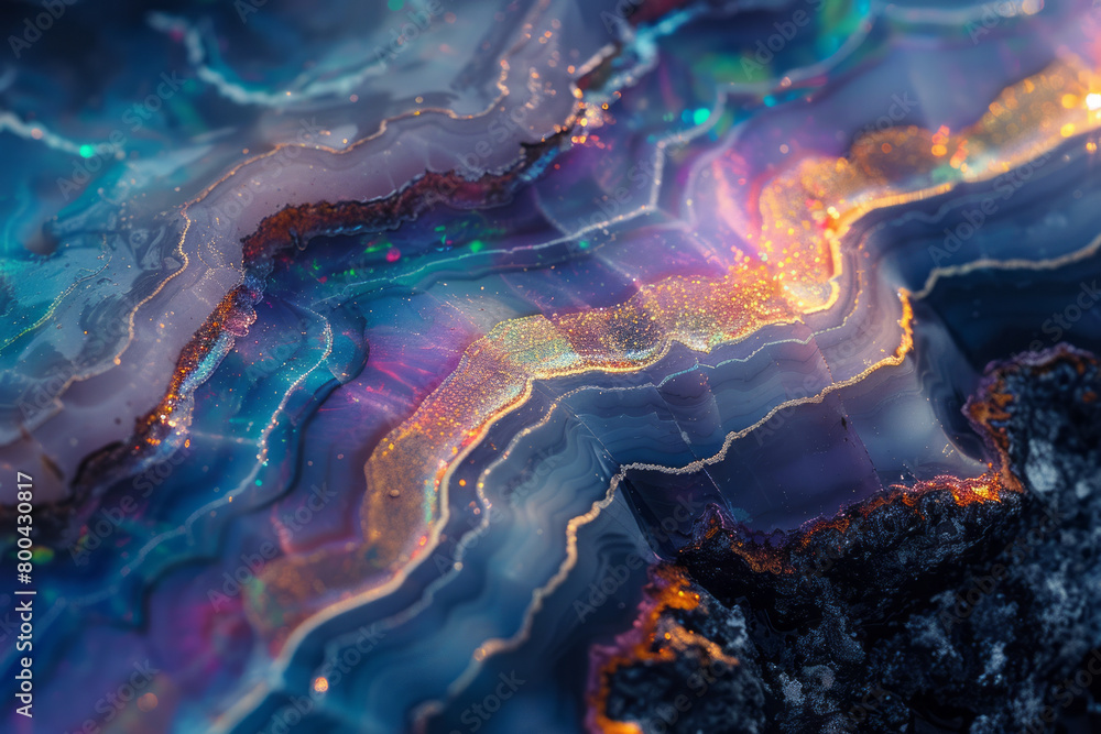 Poster a detailed macro shot of opal, showing its play of color and mesmerizing iridescent patterns,