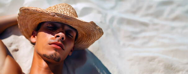 Man relaxing on the beach with a straw hat. Banner with a copy space. Concept of summer vacation, relaxation, beach leisure