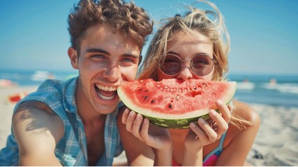 Teenage couple biting a watermelon on the beach