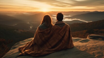 A couple is sitting on a mountain top, wrapped in blankets, and watching the sun set. Scene is peaceful and romantic