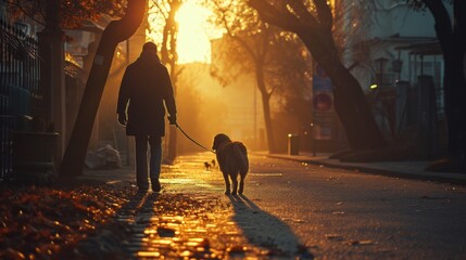Fototapeta premium Morning walk with their beloved dog, the couple moves in perfect harmony