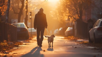 Morning walk with their beloved dog, the couple moves in perfect harmony - obrazy, fototapety, plakaty