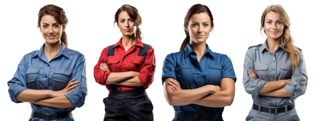 Set of young women standing confidently wearing professional mechanics uniforms, cut out