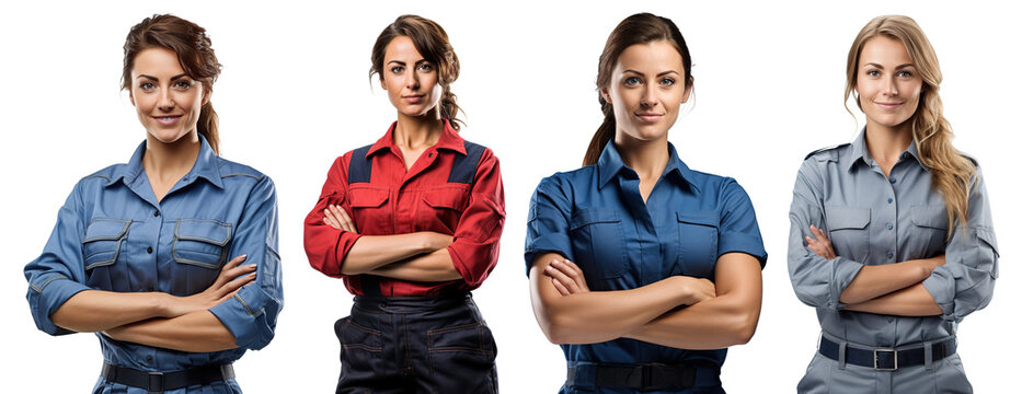 Set of young women standing confidently wearing professional mechanics uniforms, cut out
