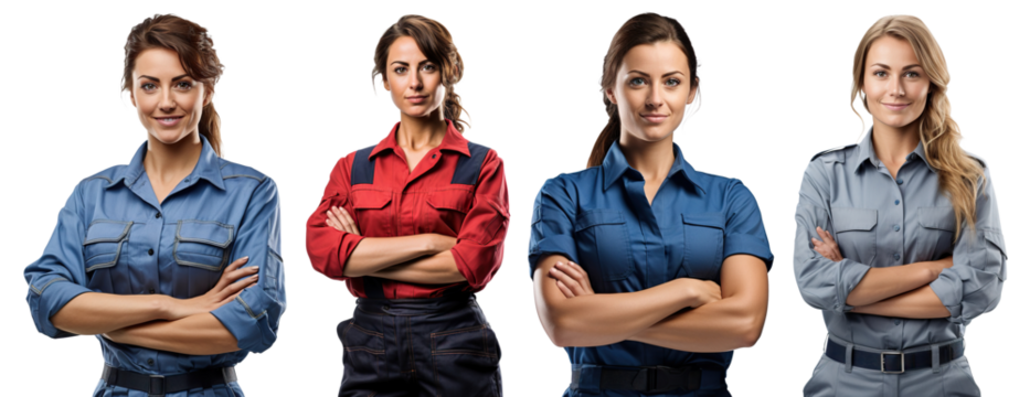 Set of young women standing confidently wearing professional mechanics uniforms, cut out