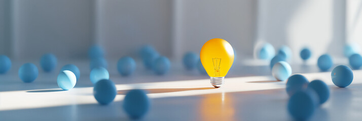 A glowing yellow bulb casts a long shadow among scattered blue spheres, portraying reflection and foresight