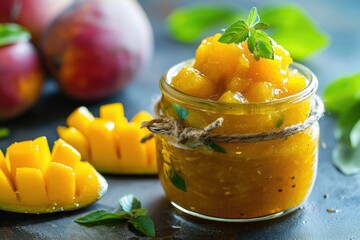 jar of mango jam on dark background