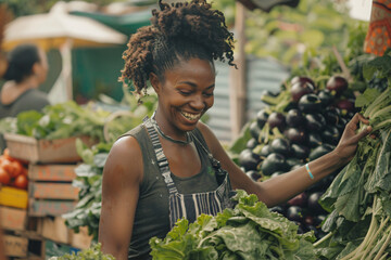 Beautiful female customer buying sustainable food - Generative AI.