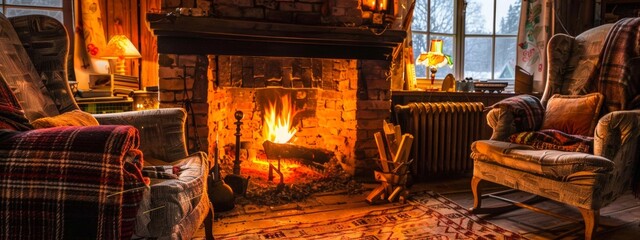 A cozy fireside scene with a crackling fire and comfortable armchairs.