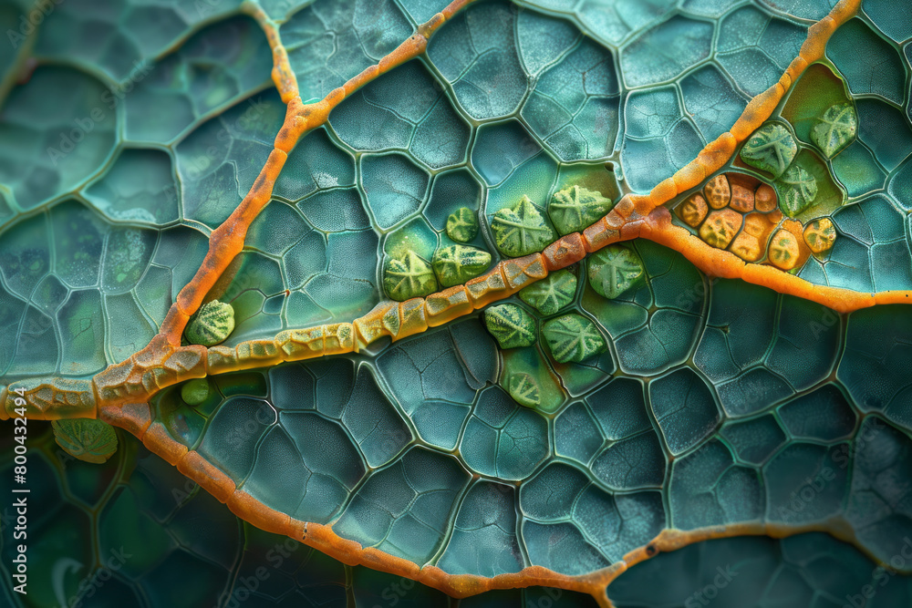 Poster a digital illustration of a magnified leaf surface, showing the intricate pattern of stomata and cel