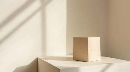 A minimalist composition captures a lone cardboard box on a pedestal bathed in sunlight with dramatic shadows