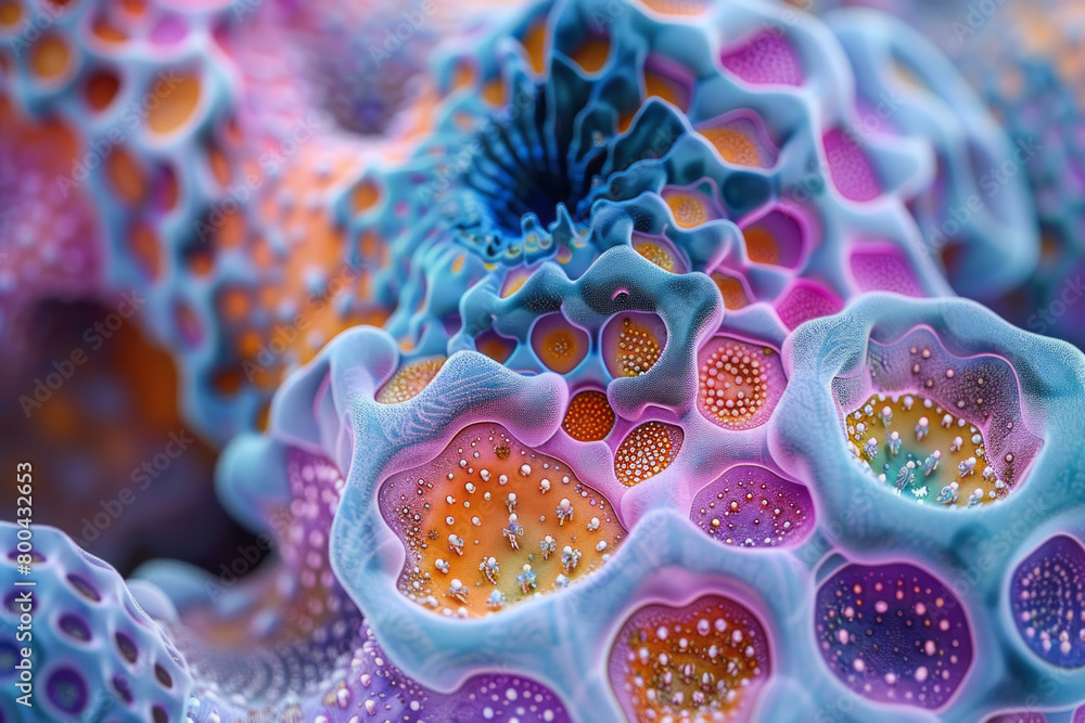Poster an artistic interpretation of viral particles, stylized with vivid hues and geometric patterns on a 