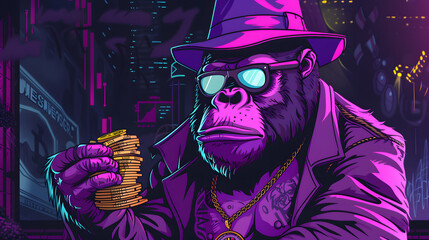 cyberpunk gorilla illustration successful crypto trading gold necklace Bitcoin symbol background copy space