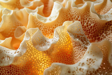 A close-up of sponge pores, artistically rendered to highlight their functional yet beautiful architecture,
