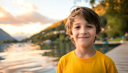 A young boy is smiling and wearing a yellow shirt while standing on a dock by the water.A boy smiles and wears a yellow shirt while standing on a dock by the water. He appears to be hiking or camping.