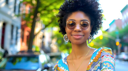 Fototapeta premium A woman with a short Afro and sunglasses is smiling in front of a building. She is wearing a colorful dress a necklace and some modern earrings