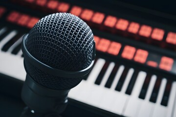 Close up microphone on keyboard with red keys, professional recording ambiance