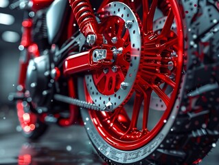 A detailed photograph highlighting the craftsmanship of the red motorcycle wheel, with a focus on the hub and spokes that support the structure, revealing the complexity behind its seemingly simple ex
