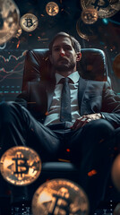 close up business man in suit sitting cyberpunk crypto successful trading copy space background