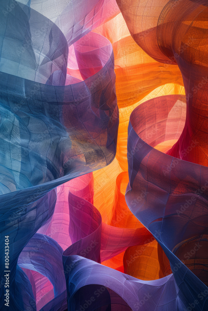 Poster an artwork of distorted space and twisted perspectives, using a spectrum of electric hues for a surr