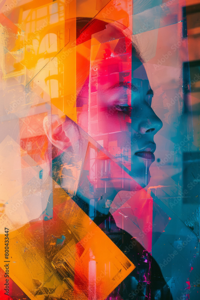 Poster an artwork of distorted space and twisted perspectives, using a spectrum of electric hues for a surr