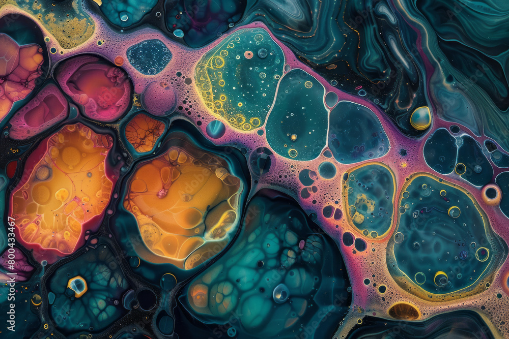 Poster a fluid, organic pattern that resembles a cellular structure under a microscope, colored with vibran